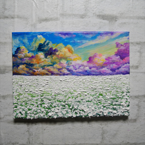 油絵 油彩 油彩画 絵 絵画【朝焼けの草原に咲く白い花と朝日】 油絵 油彩 油彩画 絵 絵画【朝焼けの草原に咲く白い花と朝日