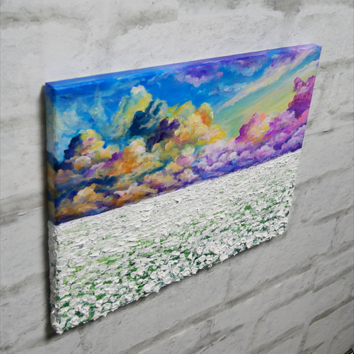 油絵 油彩 油彩画 絵 絵画【朝焼けの草原に咲く白い花と朝日】 油絵 油彩 油彩画 絵 絵画【朝焼けの草原に咲く白い花と朝日