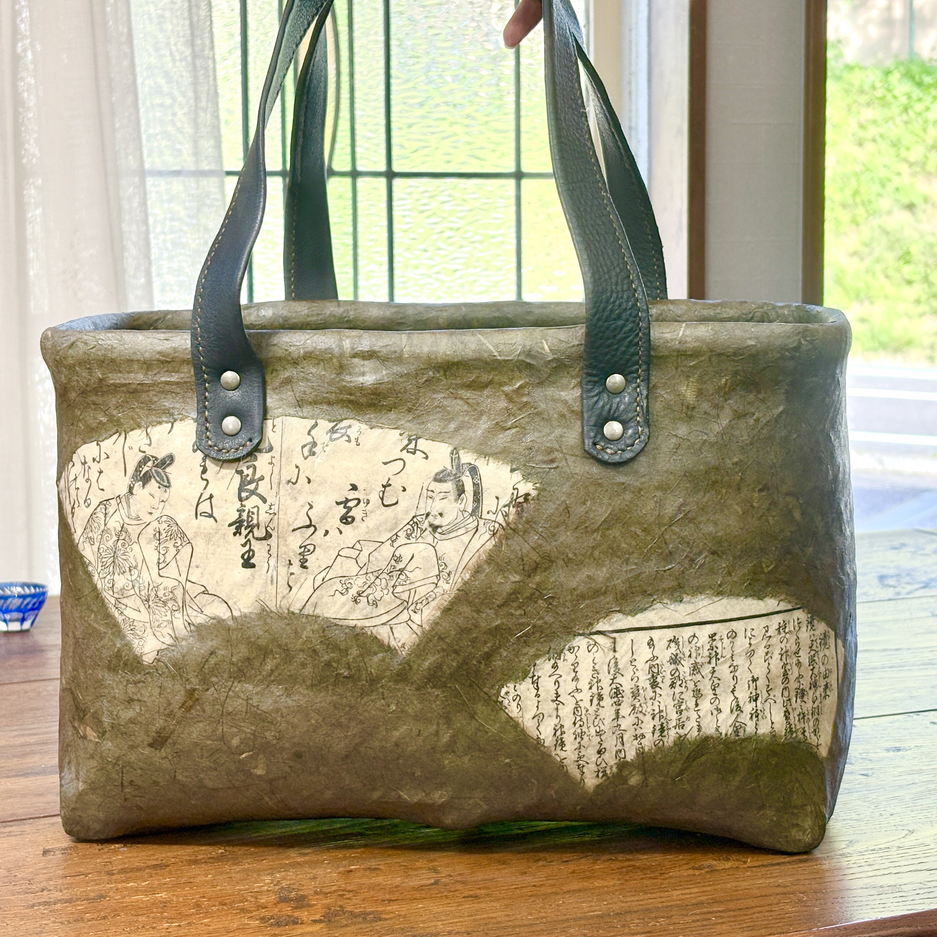 一閑張　かごバック　和紙　柿渋仕上　一点物　本革取手　百人一首　往来物　本物浮世絵　古書和本　歌麿北斎門人　墨摺絵本 22,200円