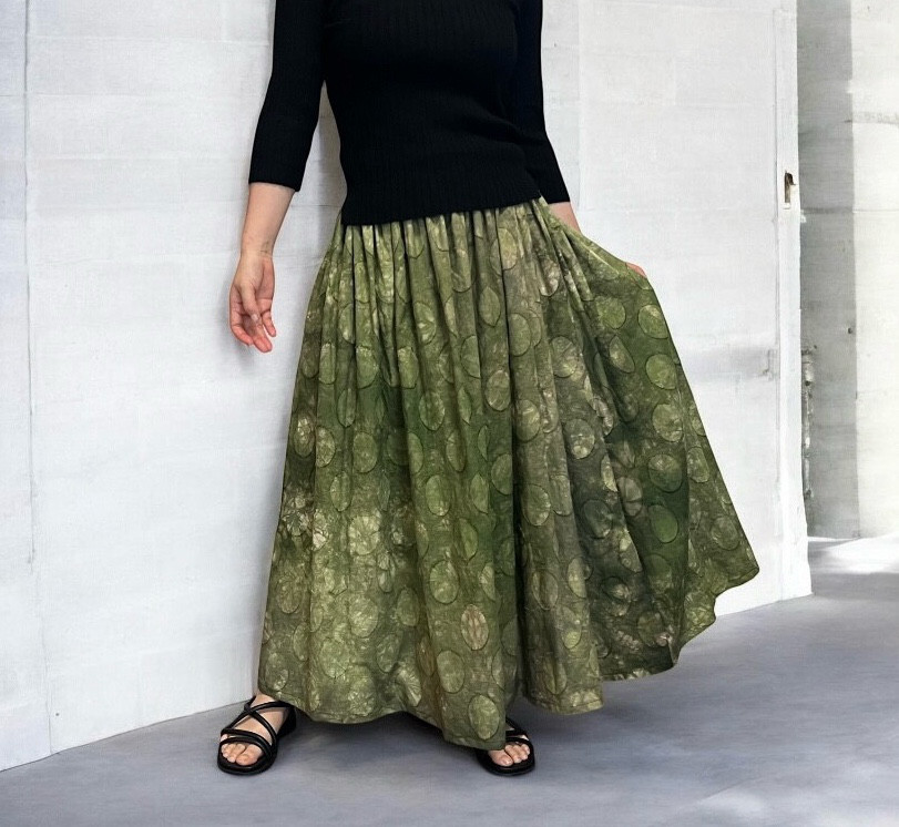 職人が手がけた籠染め♪水玉ジャガードのリネンスカート　グリーンティー