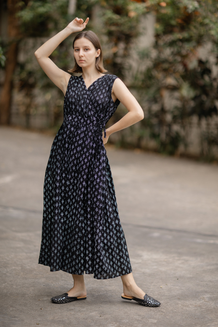 <オリジナルハンドブロックプリント>カシュクールワンピース