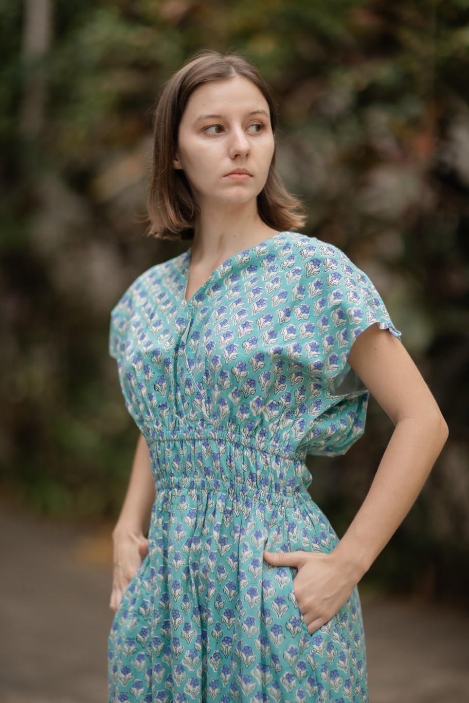 ファインコットン（ハンドブロックプリント）2 WAY 肩紐ワンピース