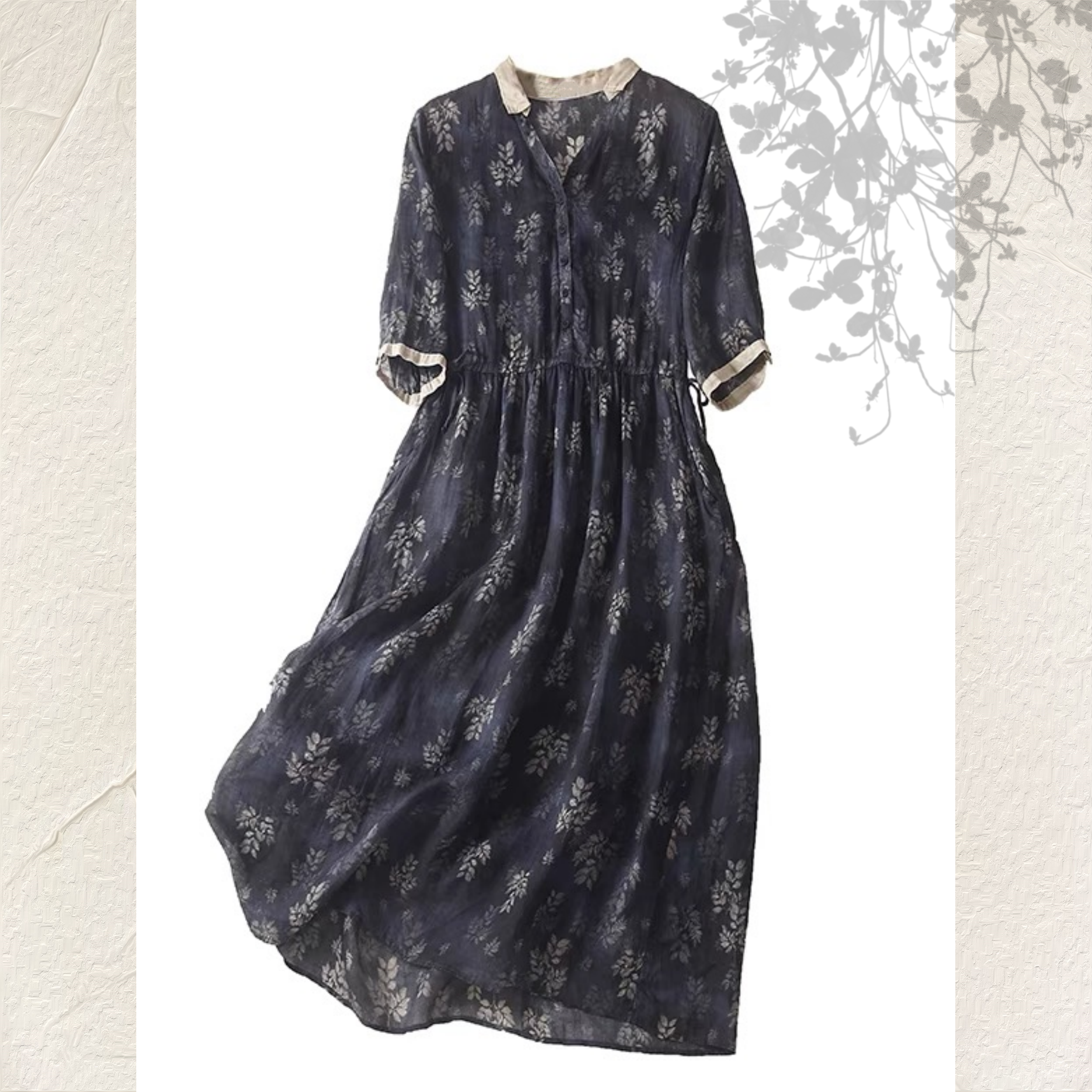 【受注】新作 お洒落 綿麻 紺色 ワンピース  洗濯可