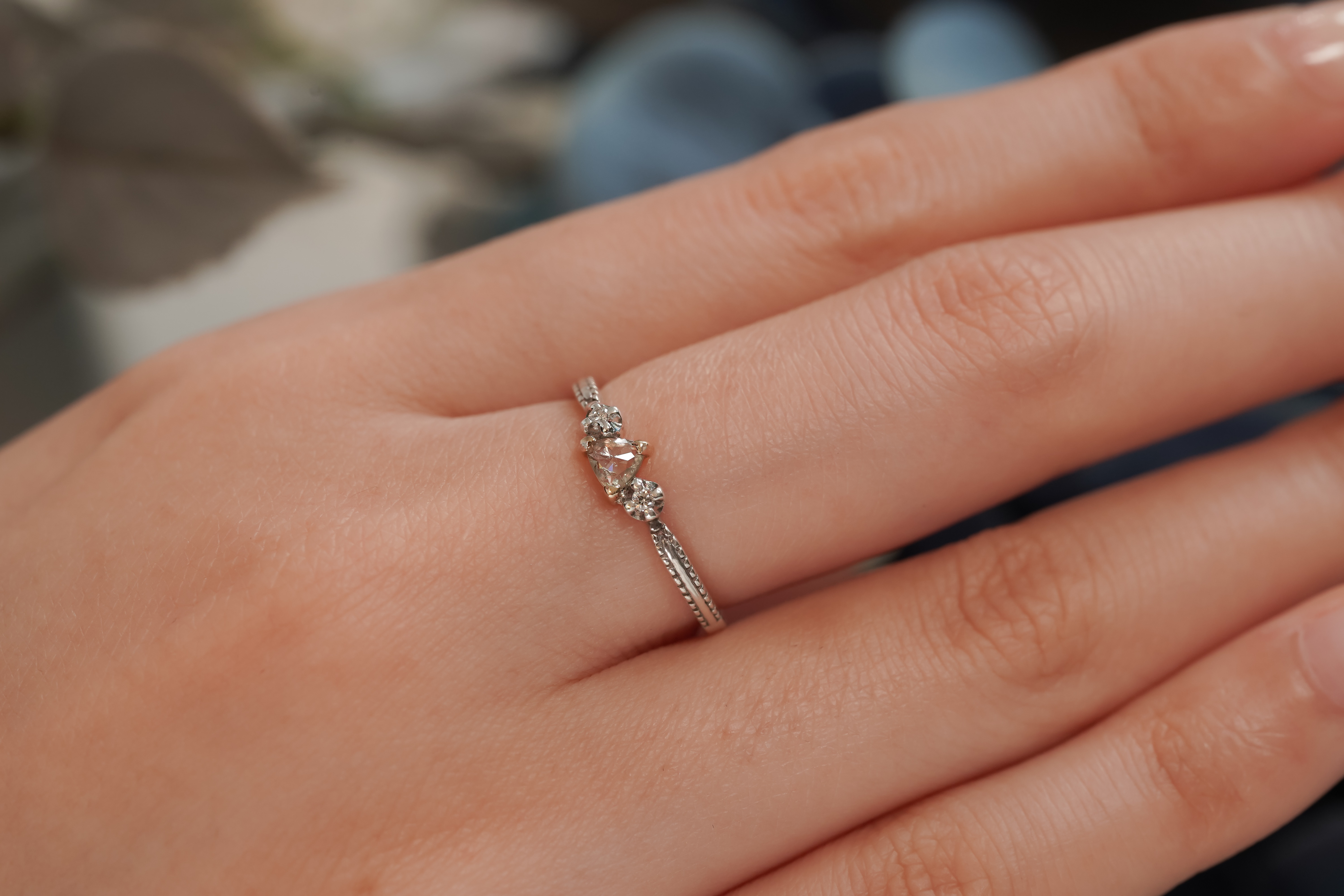 ”K18YG×シルバー” トリリアント ローズ カット 天然ダイヤモンド リング