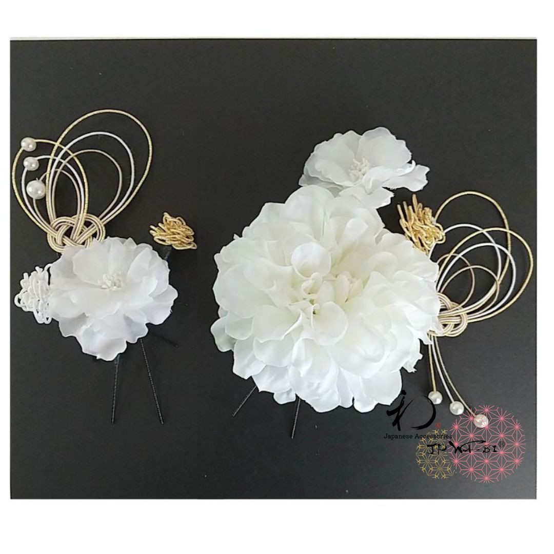国産髪飾り//結婚式・成人式/水引アクセサリー＆アーティフィッシャルフラワーMIX/透明パッケージ入り