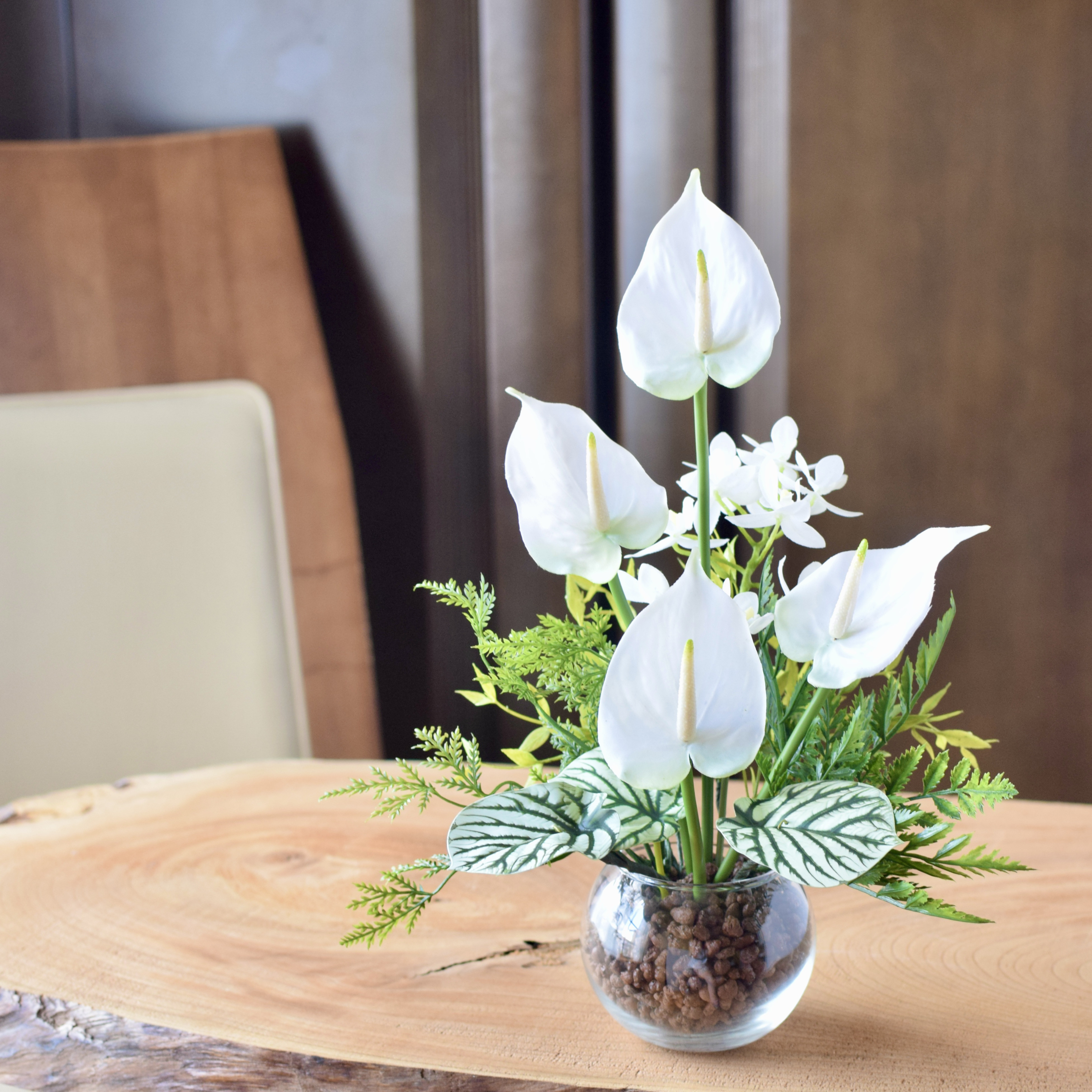 涼しげ♪水やり不要♪枯れないアンスリュームと蘭と観葉植物の寄せ植えハイドロカルチャー※Creema限定