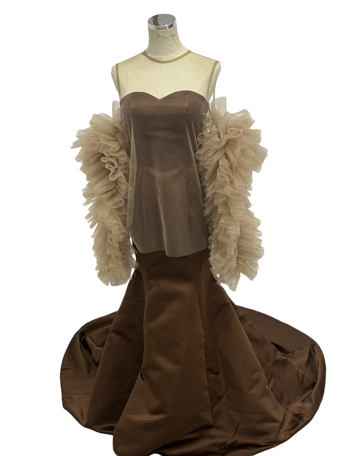 パーティードレス ブラウン マーメイド ツーピース ファスナー 光沢サテン ベアトップ 前撮り