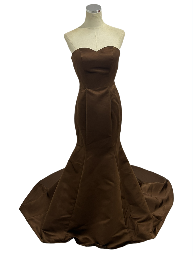 パーティードレス ブラウン  光沢サテン ベアトップ ファスナー スレンダーライン ブライダル 二次会