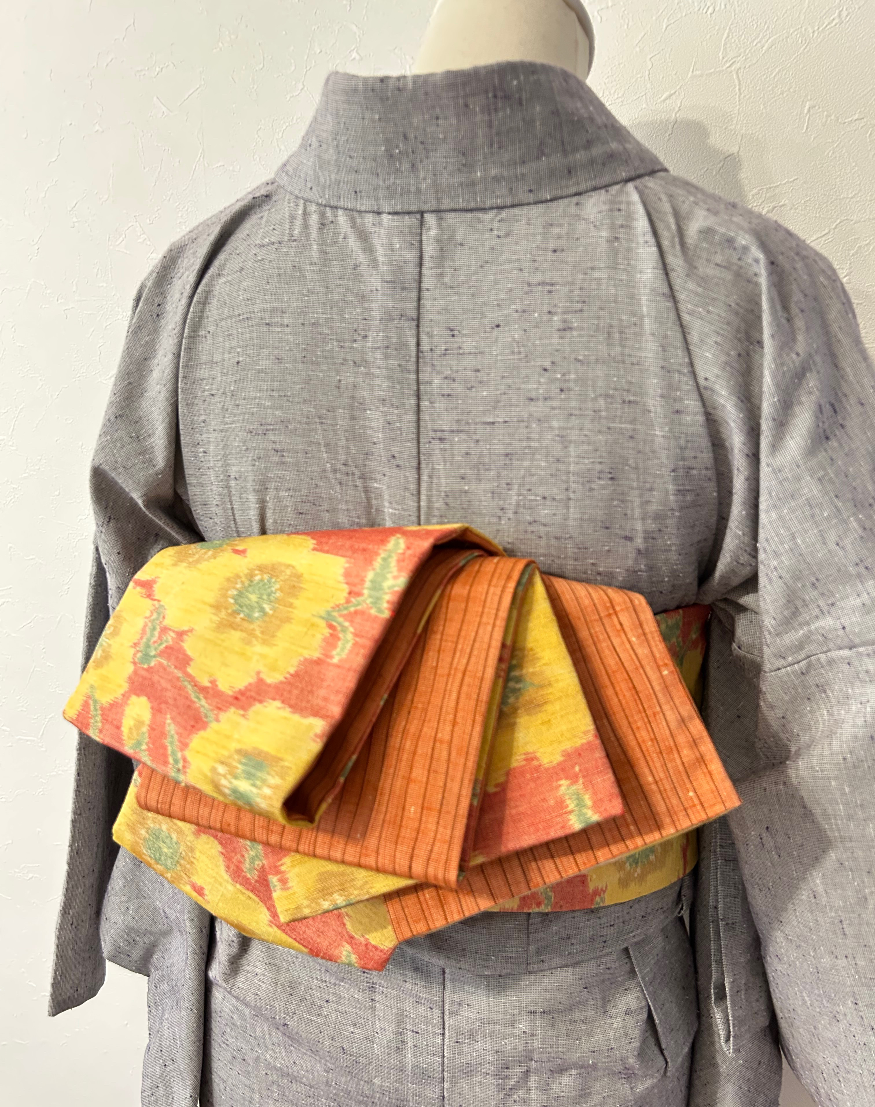 242号 半幅帯 紬 お花模様×上州紬 オレンジ リバーシブル 正絹 ☆締めやすい天然素材☆繋ぎ目なしで安心☆