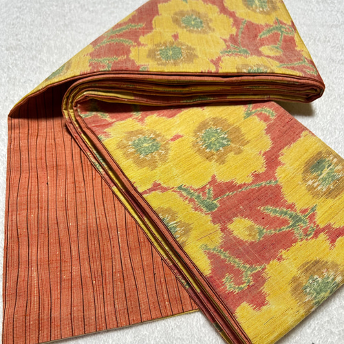 242号 半幅帯 紬 お花模様×上州紬 オレンジ リバーシブル 正絹 ☆締め