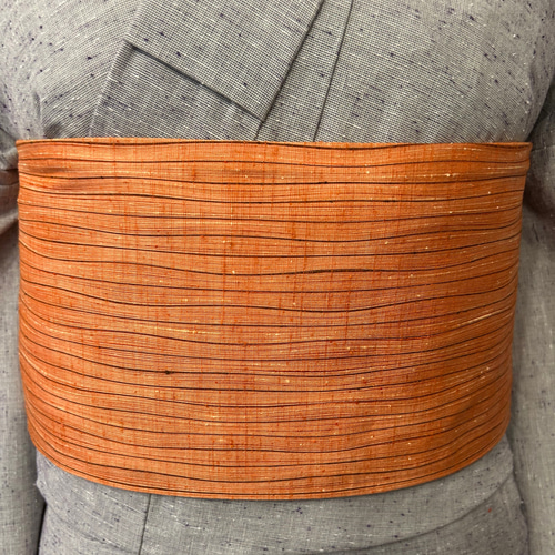 242号 半幅帯 紬 お花模様×上州紬 オレンジ リバーシブル 正絹 ☆締め