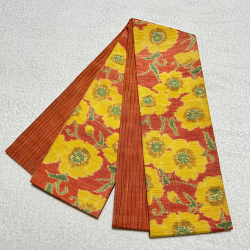 242号 半幅帯 紬 お花模様×上州紬 オレンジ リバーシブル 正絹 ☆締め