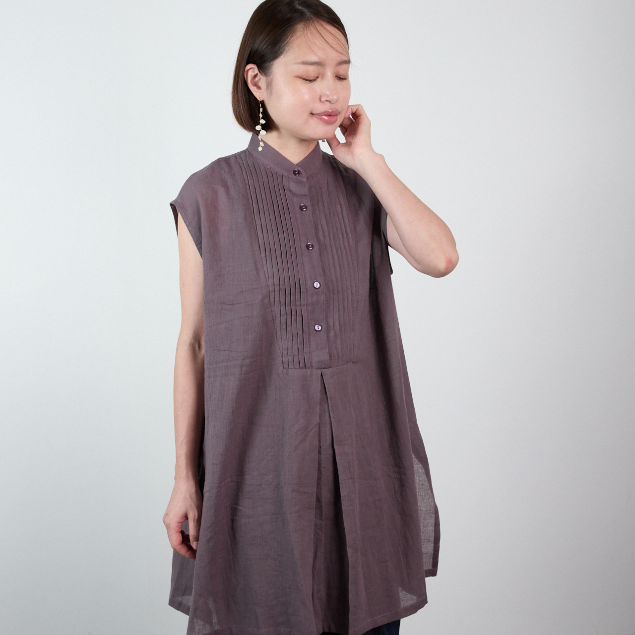 サラッと軽くて通気性◎ ライトコットン ピンタック チュニックシャツ　レトロパープル　0723R.Pp