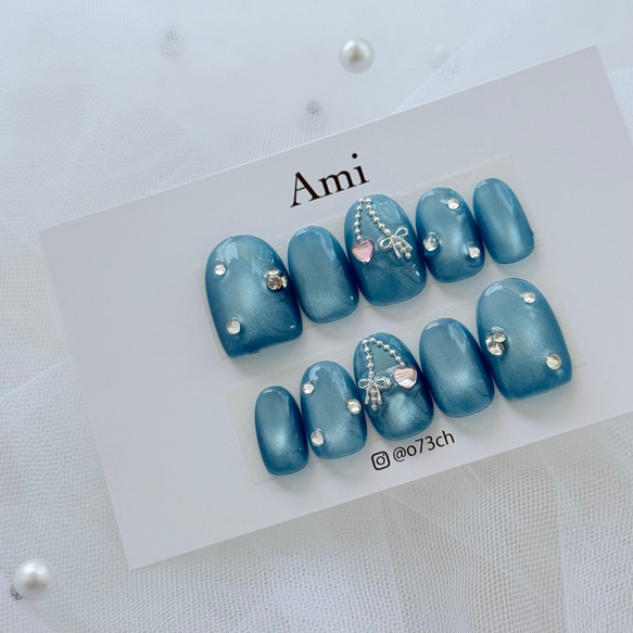 ネイルチップ＊ブルー 青 チャームネイル ガーリー ワンホン