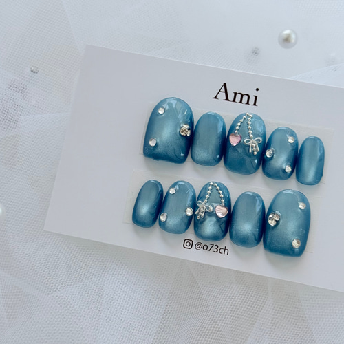 ネイルチップ サイズオーダー 水色 ブルー マグネット ハート 推し リボン ネイルチップ＊ブルー 青 チャームネイル ガーリー ワンホン