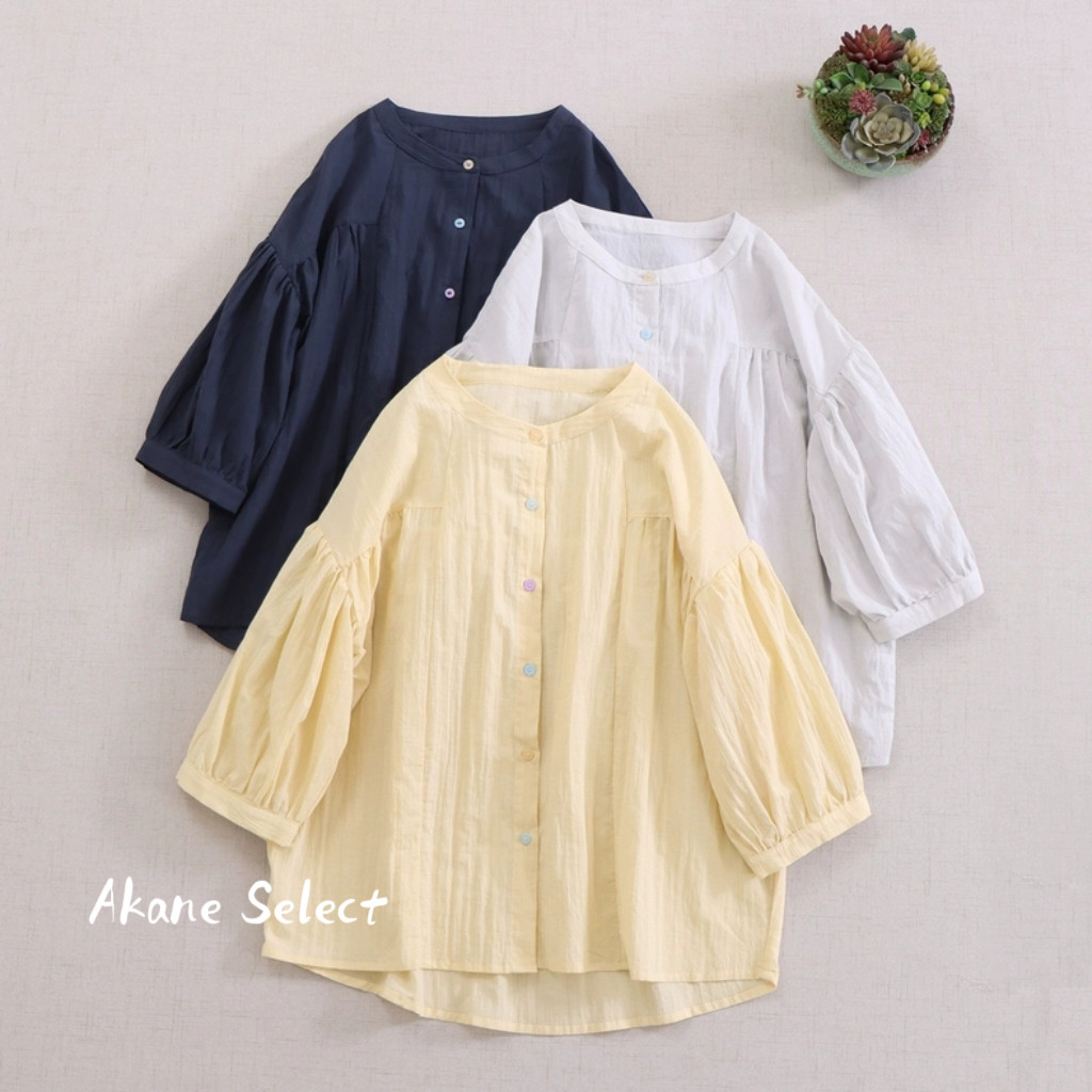 【コットン100%シャツ★肌触り抜群】冷房UV対策│カラーボタン│Aライン│バルーンスリーブ│T-75LB
