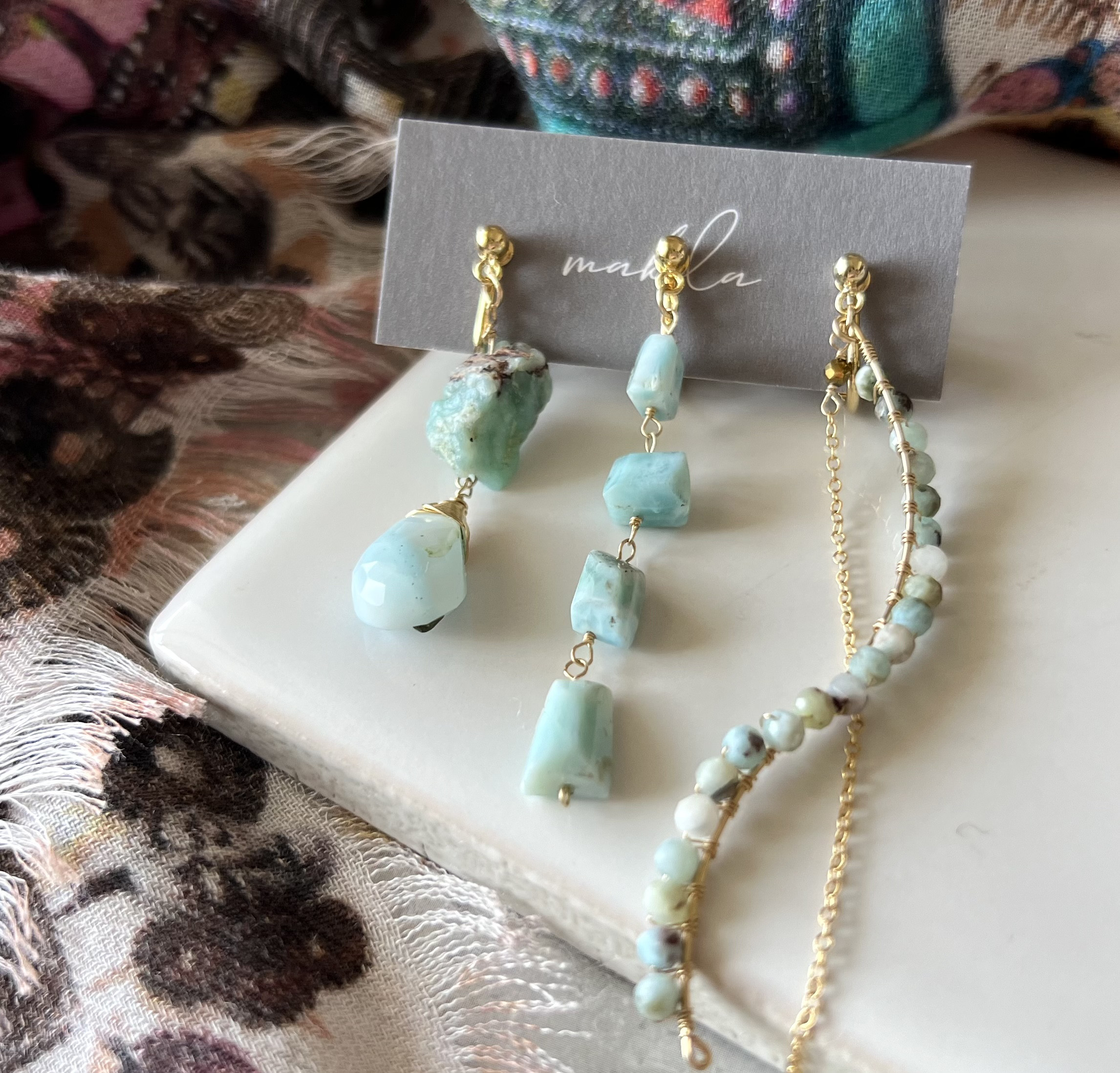 3WAYアシンメトリーイヤリング／ピアス【ラリマー】14kgf