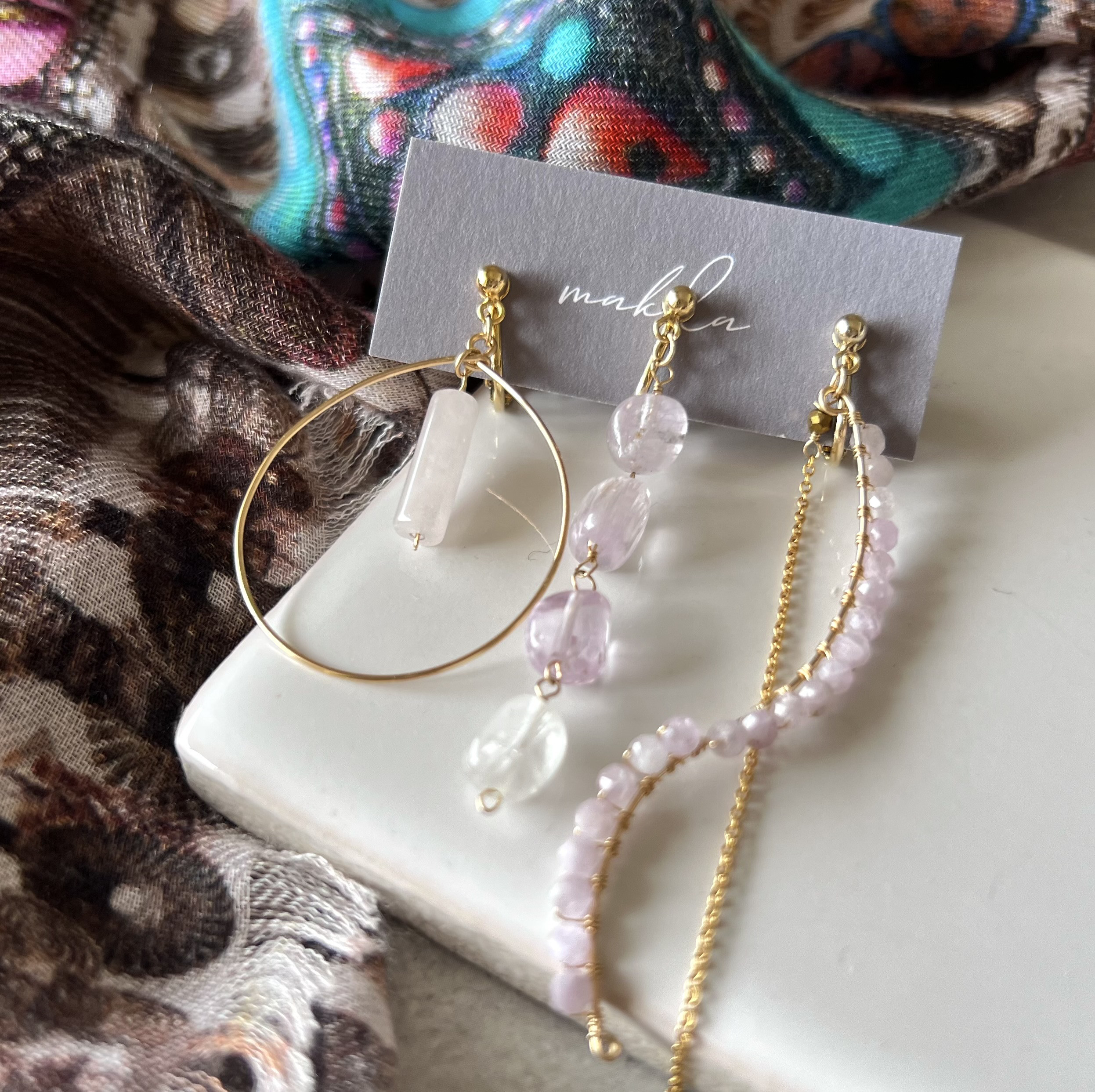 3WAYアシンメトリーイヤリング／ピアス【クンツァイト＆ローズクォーツ】14kgf 9月誕生石