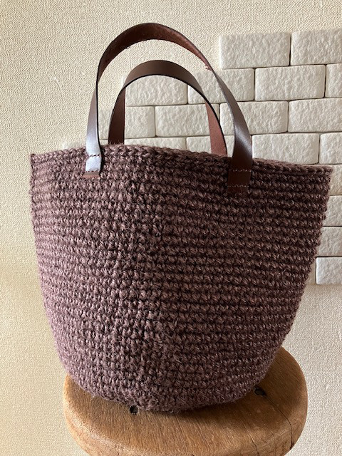 ＋＋受注製作＋＋ こげ茶色本革持ち手 かごバッグ 麻ひも23色から選べる