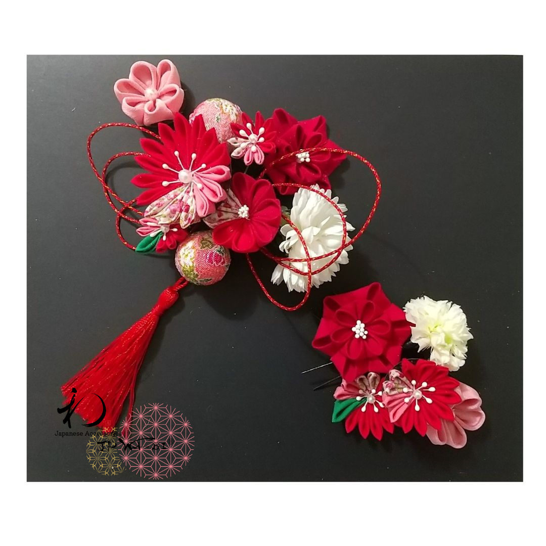 国産つまみ細工髪飾り//卒業式・成人式/着物・袴・振袖/手毬・タッセル・水引付/透明パッケージ入り