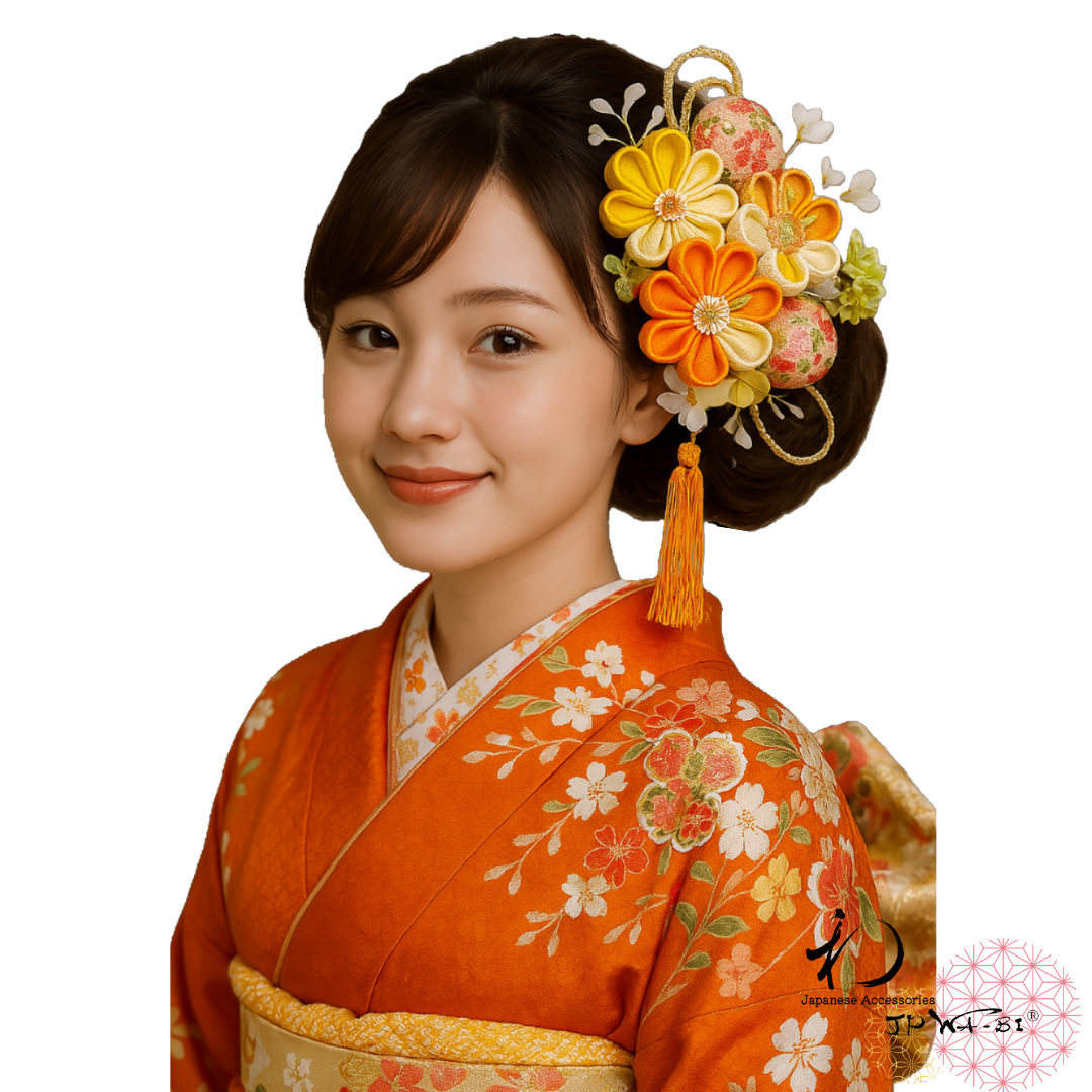 国産髪飾り//成人式・卒業式/着物・袴髪飾り/つまみ細工＆アーティフィッシャルフラワー/水引・タッセル付/透明パッケージ