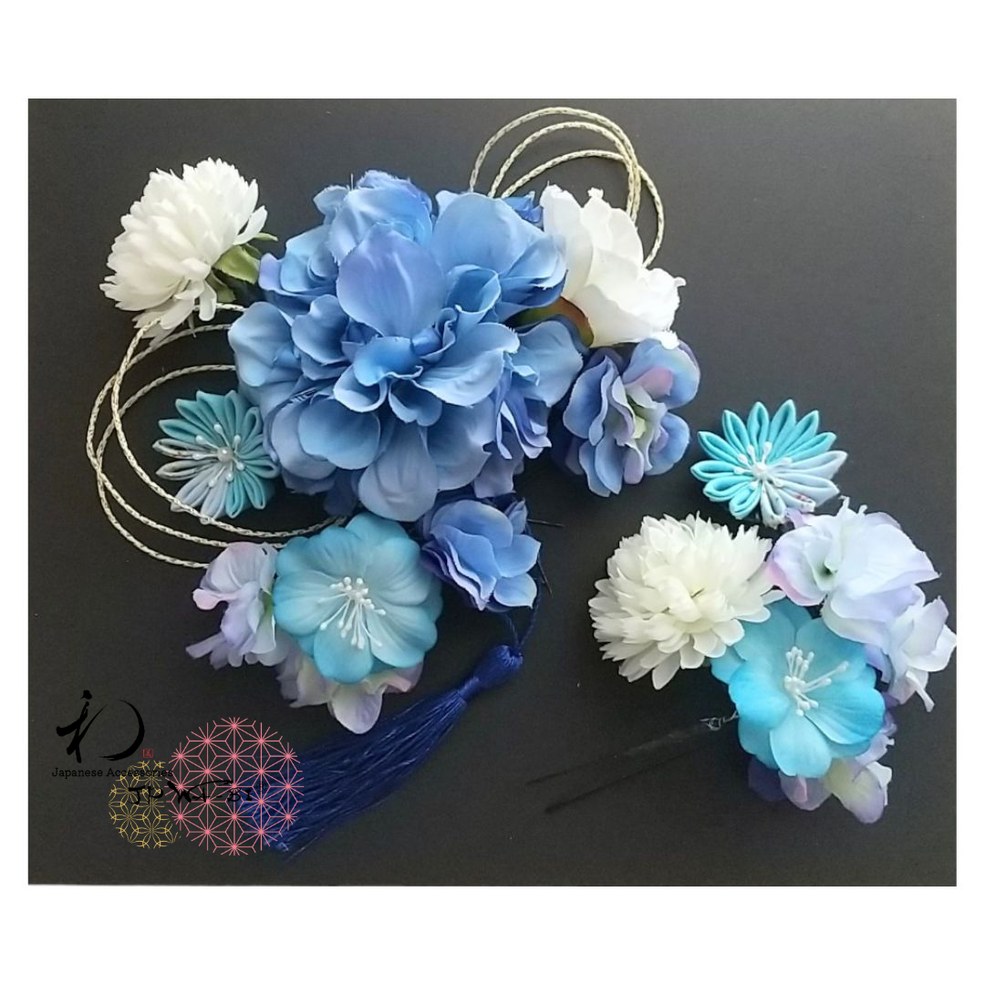 国産髪飾り/成人式・卒業式袴/つまみ細工×アーティフィッシャルフラワー/ブルー系/透明パッケージ入り