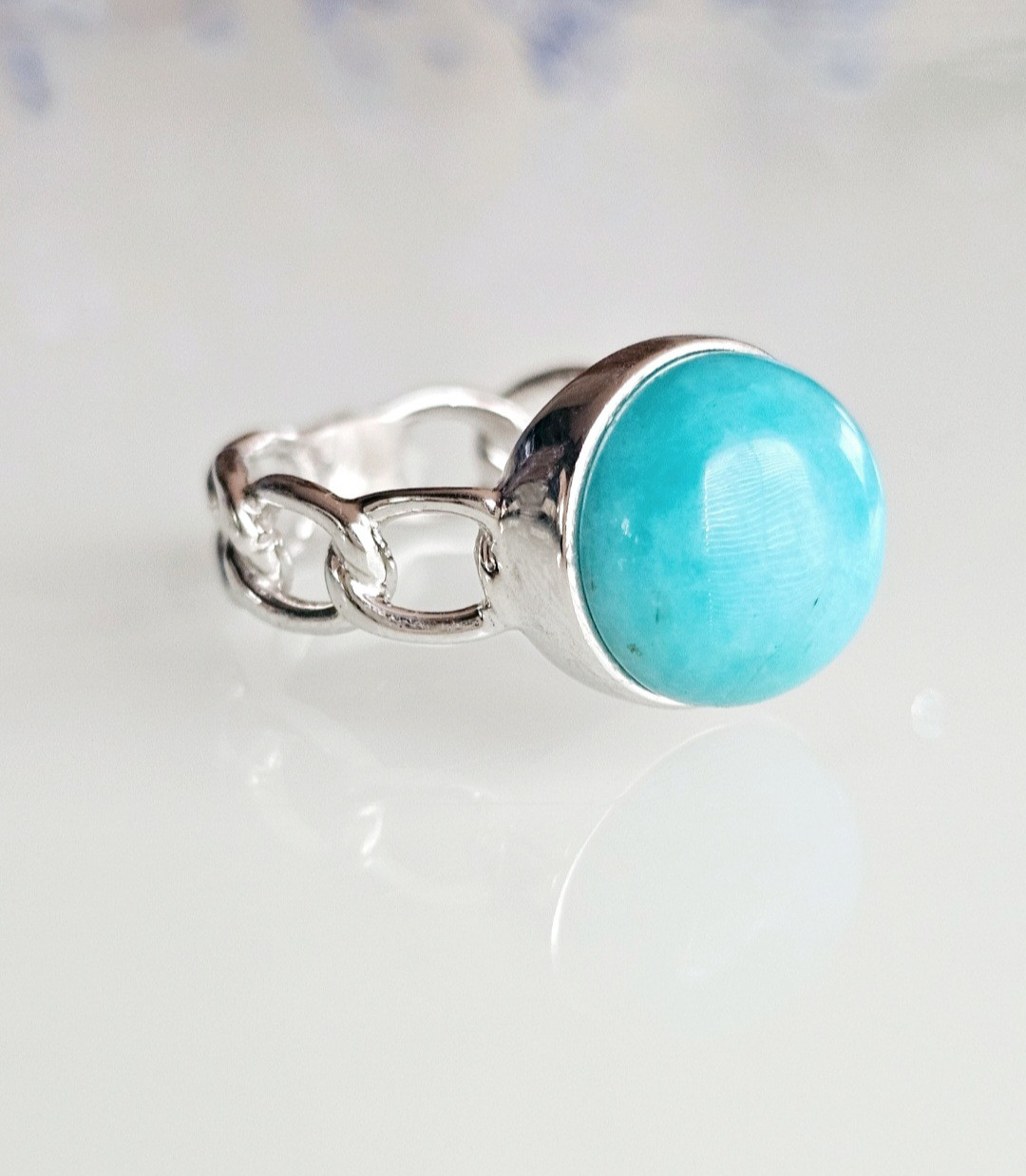 澄んだ海の色アマゾナイトシルバー925チェーンリングRS-2816B