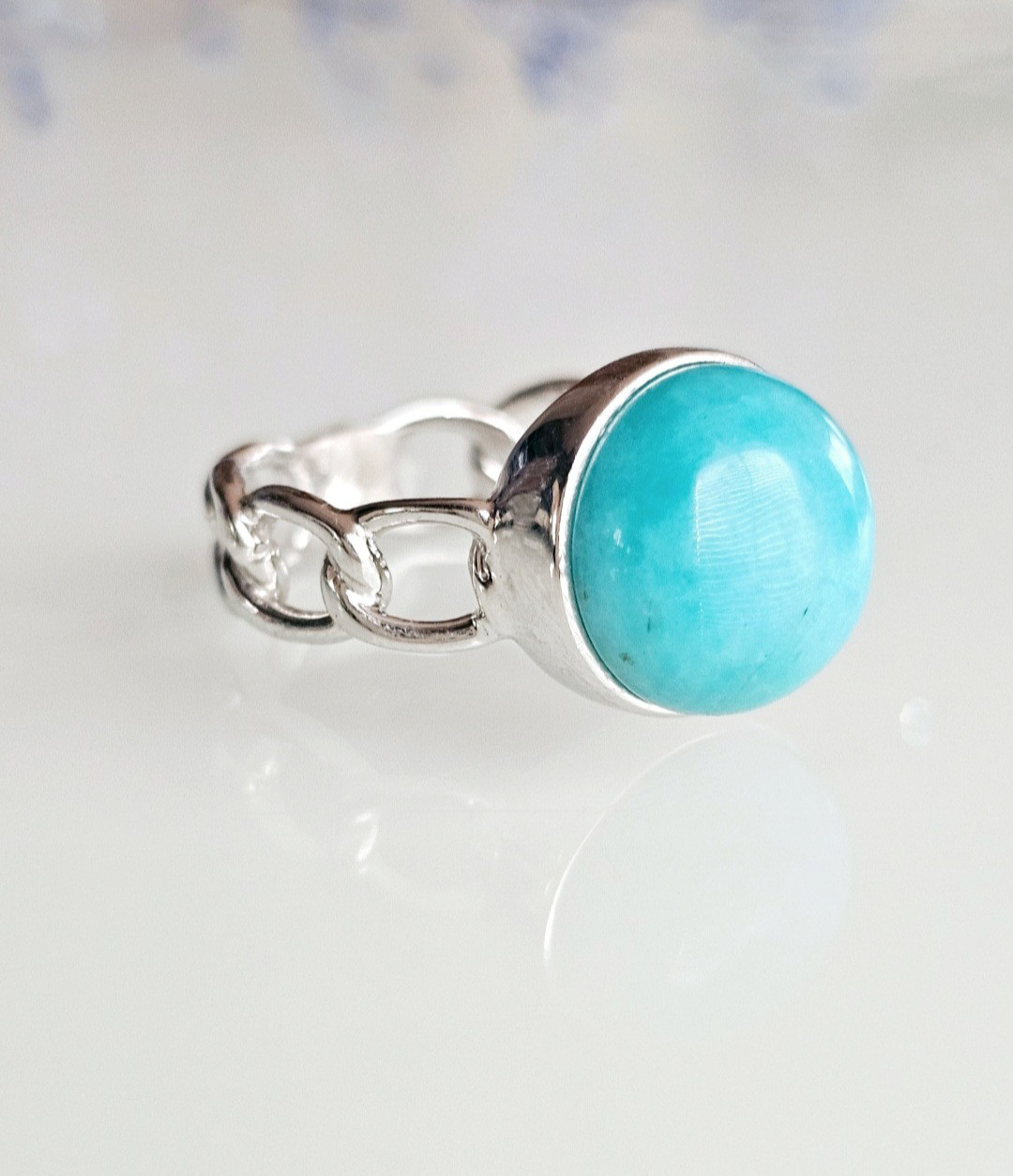 澄んだ海の色アマゾナイトシルバー925チェーンリングRS-2816B