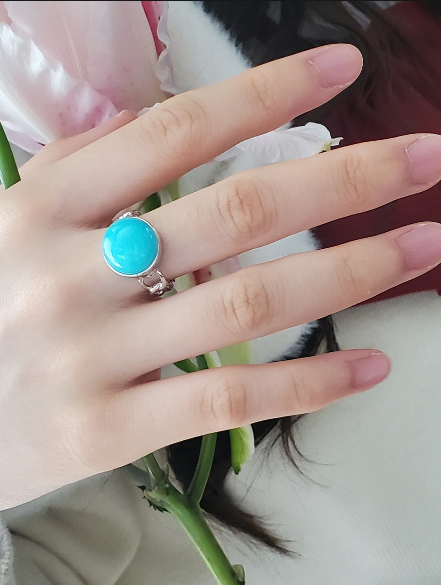 澄んだ海の色アマゾナイトシルバー925チェーンリングRS-2816B