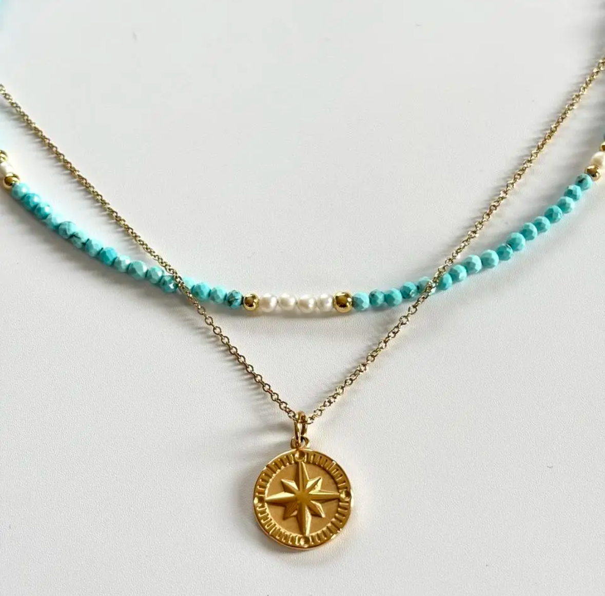 セットでお得♪ターコイズ×コインネックレスレイヤードネックレス　重ね付け　ターコイズ　パール　12月誕生石