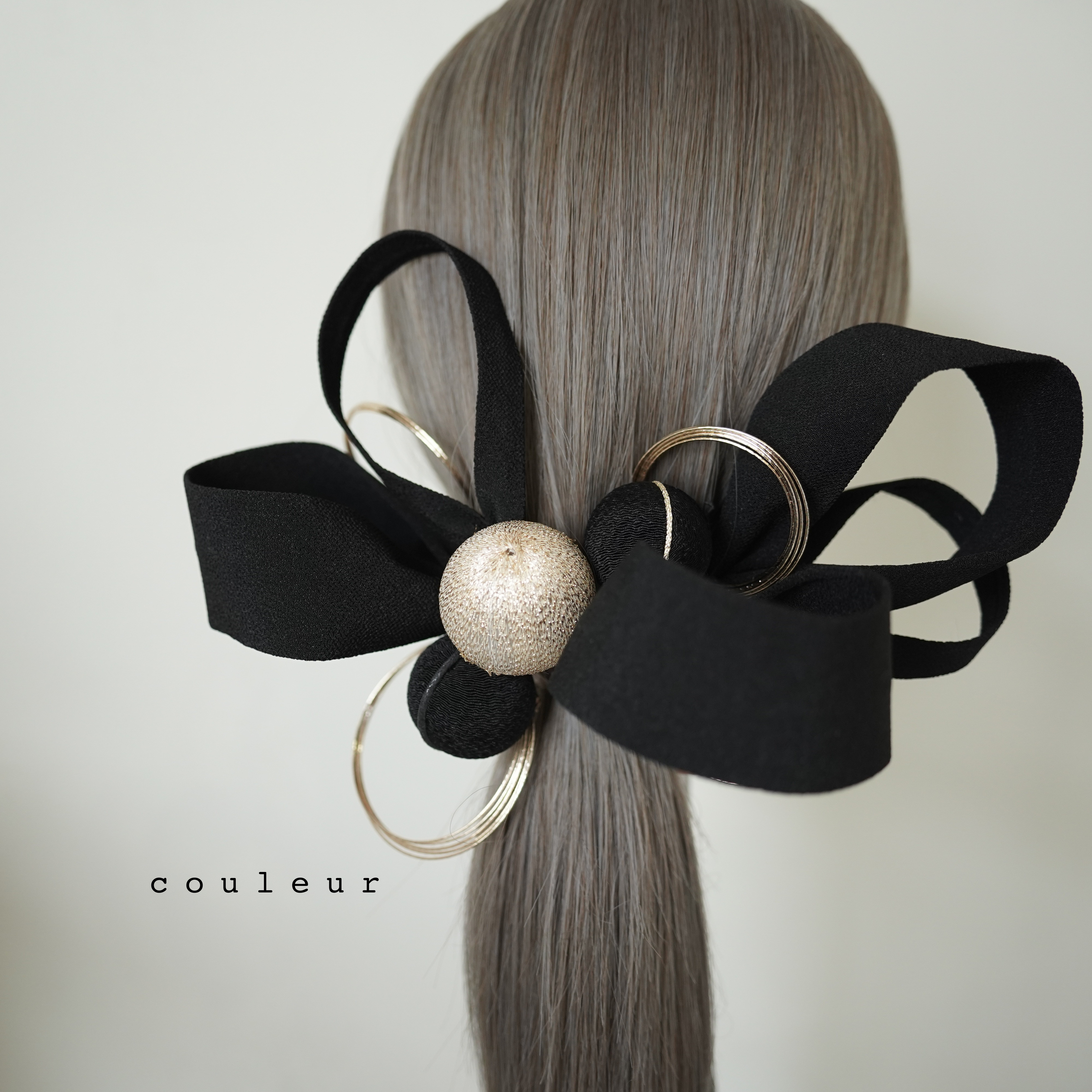 ☆black×ribbon 髪飾り 結婚式 成人式 卒業式 白無垢 花嫁 水引き 玉かんざし 金箔 銀箔