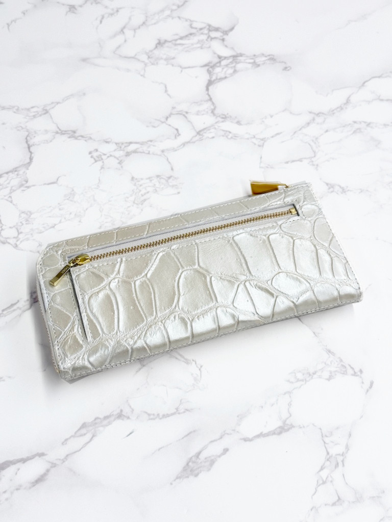 日本製　VIP上質　クロコダイル　パール仕上げ　薄型ロングウォレット　長財布　L字ファスナー　エキゾチックレザー