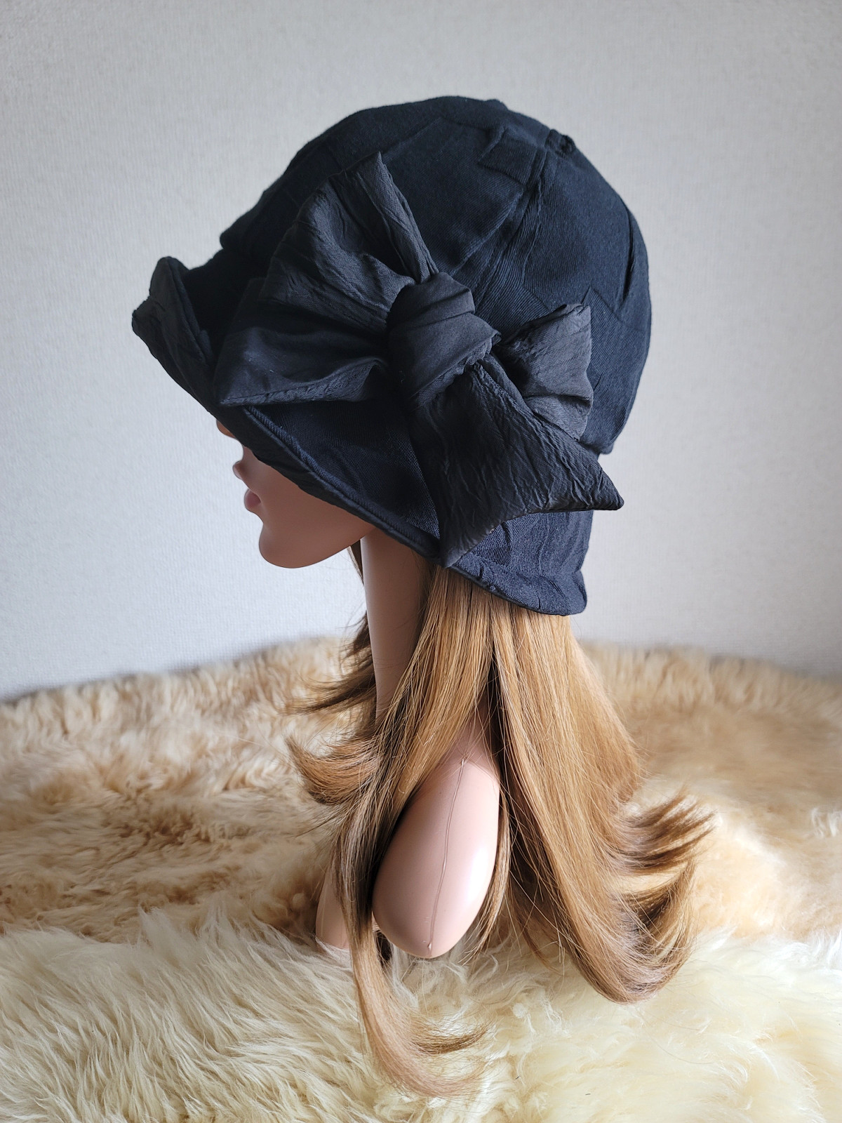 フィット hat×リボン★約59.5㎝★ブラックニット地リボン