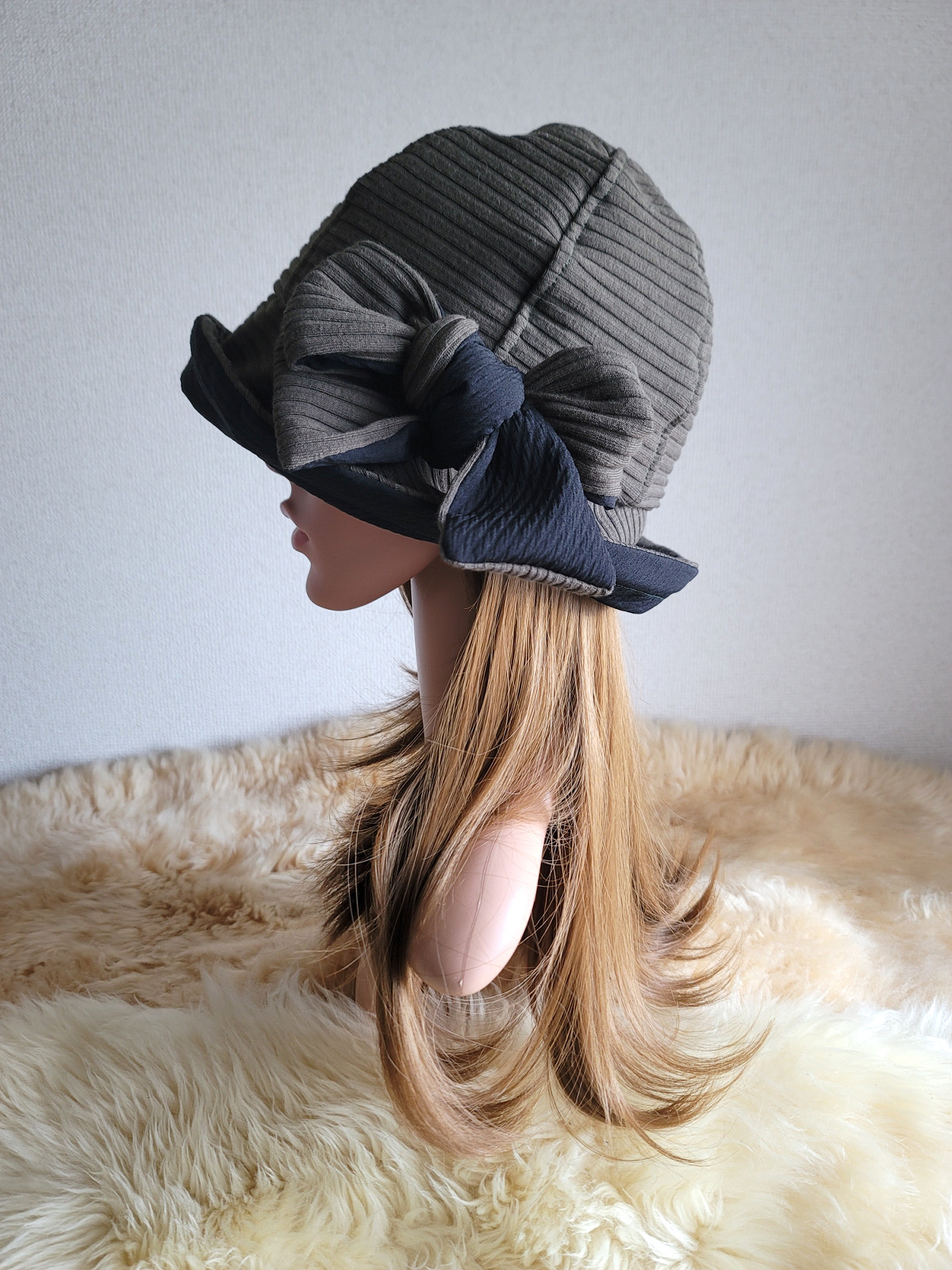 フィット hat×リボン★約59.5㎝★モスグリーンニット