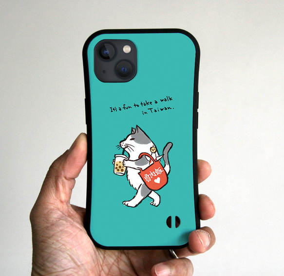 グリップiPhoneケース 猫が台湾散歩（ミント） iPhoneケース・カバー 