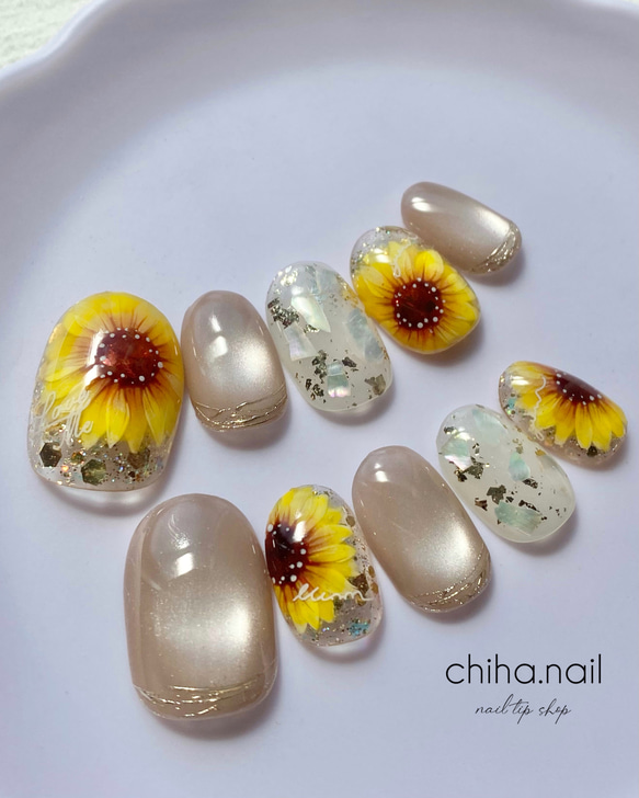 ネイルチップ サイズオーダー  ひまわり ニュアンス 夏 フラワー 現品】ひまわり ネイルチップ ぷっくりフラワー 夏ネイル