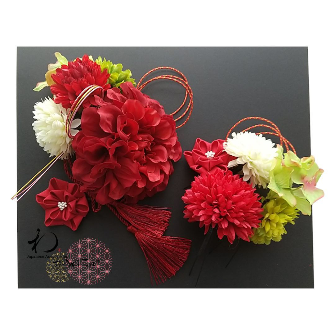 国産髪飾り/成人式・卒業式・結婚式/着物・袴・色打掛髪飾り/つまみ細工×アーティフィッシャルフラワー/水引・タッセル付