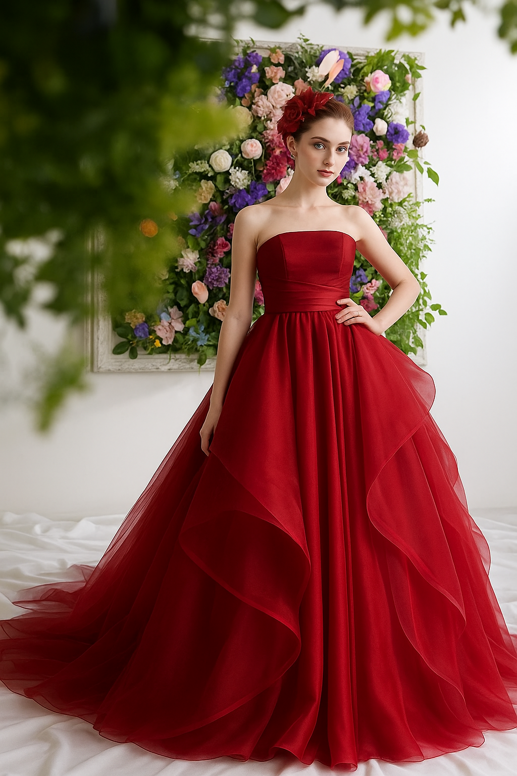 ボルドーカラードレス　うっとり優雅さを漂わせたフェアリーAライン ベアトップ　ふわふわ　フリルドレス　披露宴　色直し