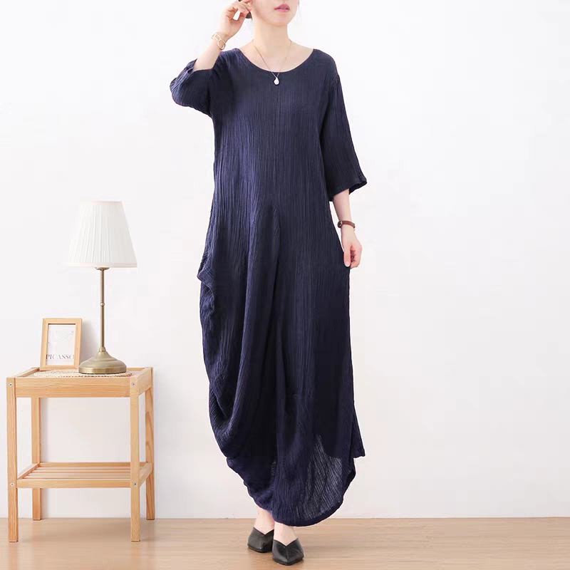 ゆったり流れるリネンで涼し気なリラックスコーデへ♪楊柳ロングワンピース ネイビー