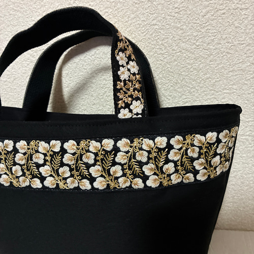 インド刺繍リボン 帆布トートバッグ インド刺繍レース付きトートバッグ