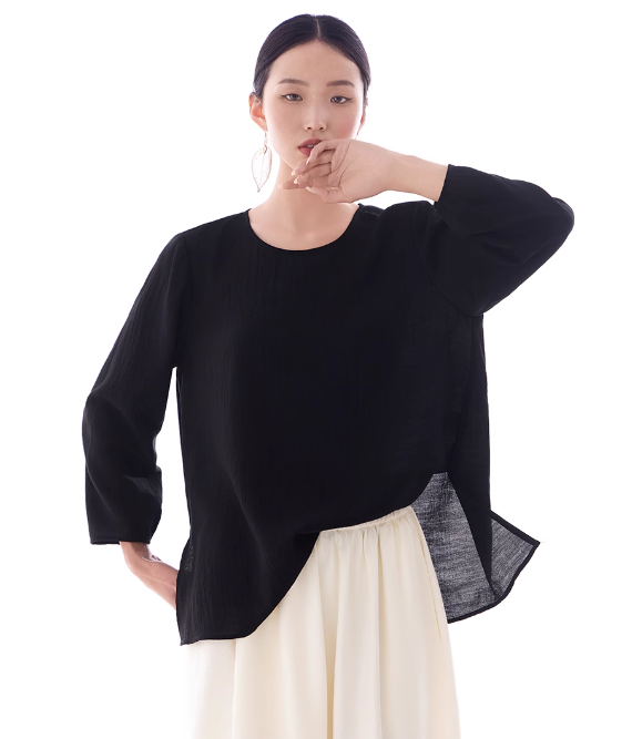 肌理感トップスブラウス七分袖丸首サイド開叉ゆったり2025春夏新作女たるみ黒