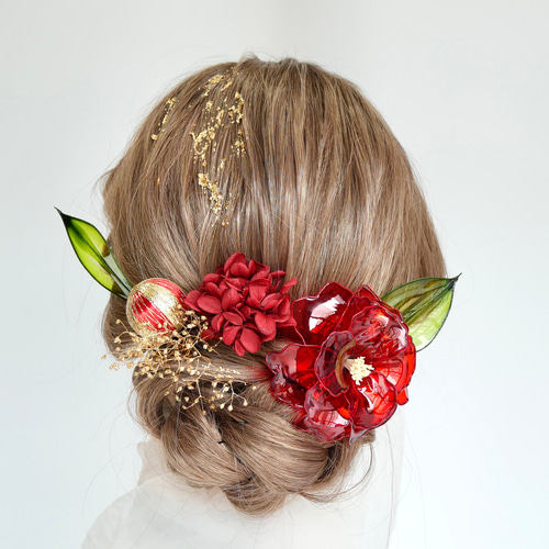 A002 アメリカンフラワー 髪飾り 椿 成人式 卒業式 結婚式 前撮り