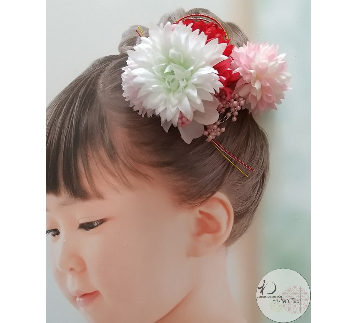 Kids髪飾り・花飾り//七五三・1/2成人式・お正月/振袖・着物髪飾り/水引付き/透明パッケージ入り