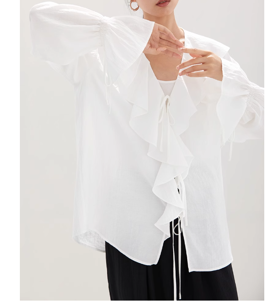 シャツトップスフリルリボン長袖ゆったりデザインルーズ風ゆったり雰囲気レディースホワイト