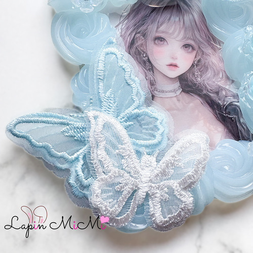 水色 クリア ホイップデコ 硬質トレカケース B8 レース 刺繍 蝶 月