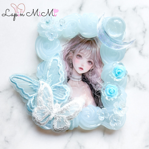 水色 クリア ホイップデコ 硬質トレカケース B8 レース 刺繍 蝶 月