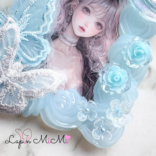 水色 クリア ホイップデコ 硬質トレカケース B8 レース 刺繍 蝶 月