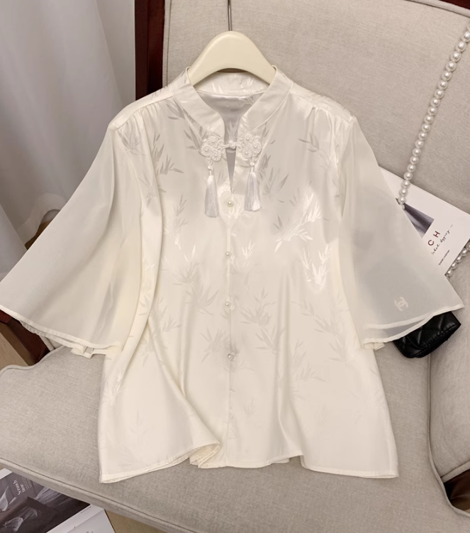 夏2025新型ビッグサイズタートル半袖シャツ女性酢酸垂下感ゆったりシフォンシャツ上着