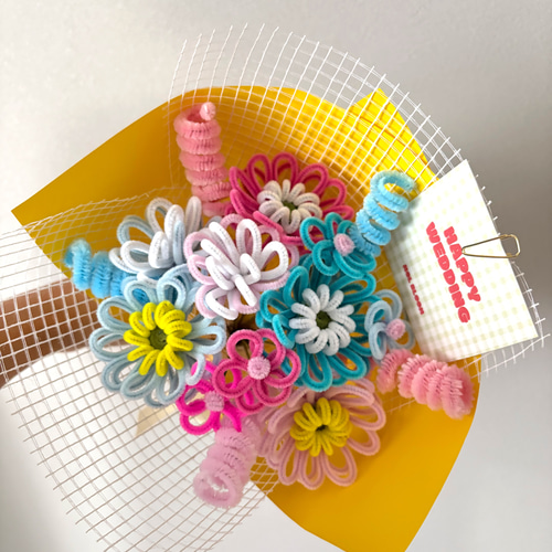 ふわふわカラフル】モールフラワーブーケ オリジナルカード付き アート