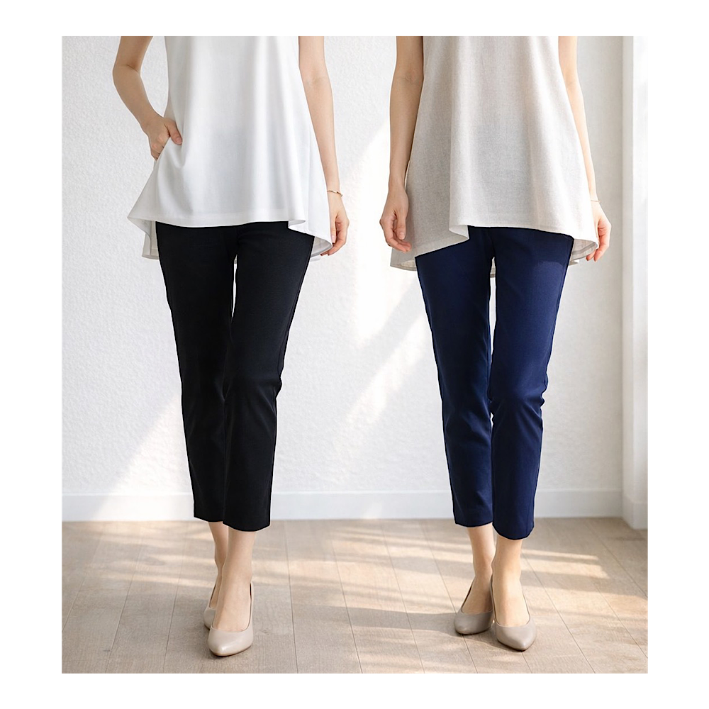 楽でやわらかな薄手生地❤穿いている感じがしないしなやかストレッチスキニーストレートロングパンツ（丈短め）フリーサイズ黒青